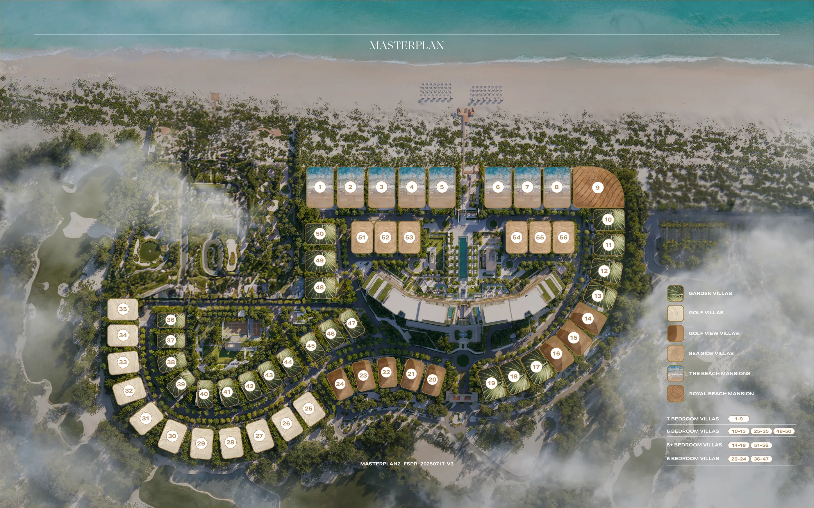 The masterplan: 56 numbered villa plots in six types, the beach along the top, the pool axis and the suites building at the centre