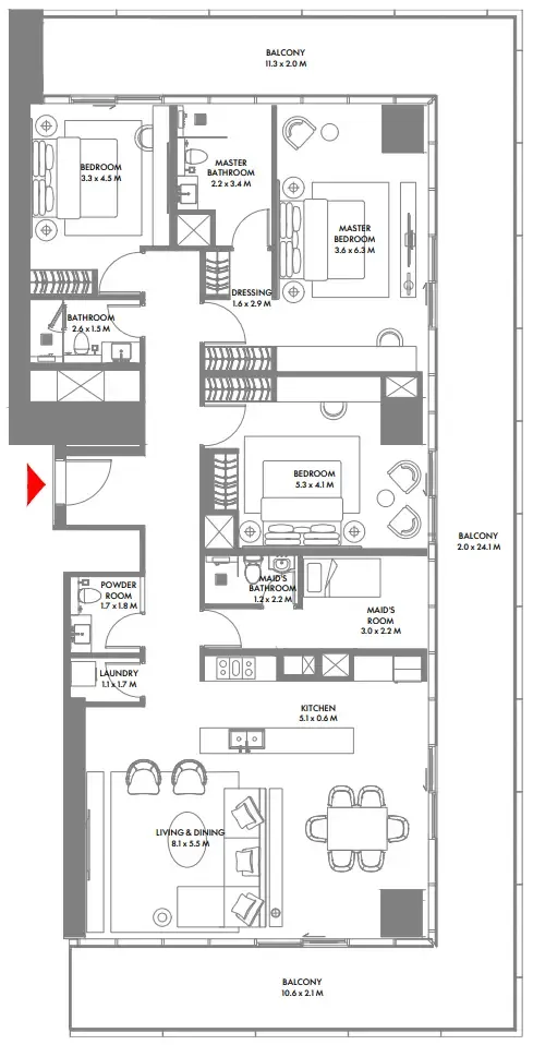 W The Residences by Arada 3 bed floor plan, 2,535 sqft