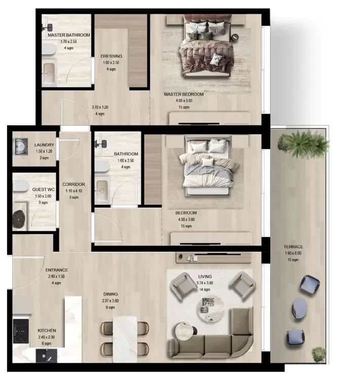Manchester City Yas Residences by Ohana – Phase 1 2 bed floor plan, 1,313 – 1,489 sqft