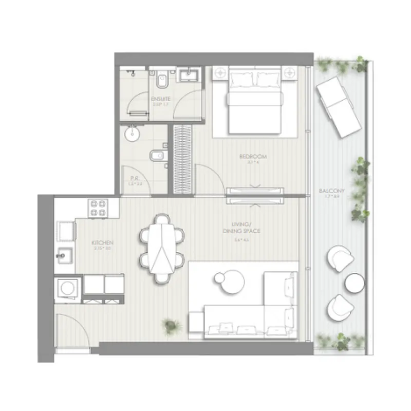 Sol Luxe 1 bed floor plan, 866 sqft