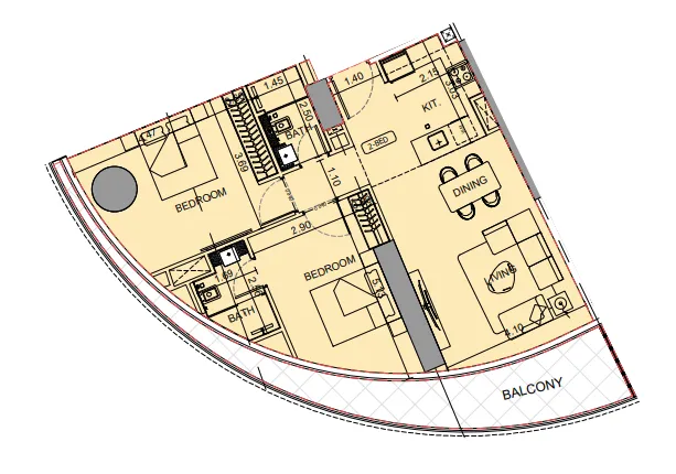 Binghatti Aquarise 2 bed floor plan, 1,090 sqft