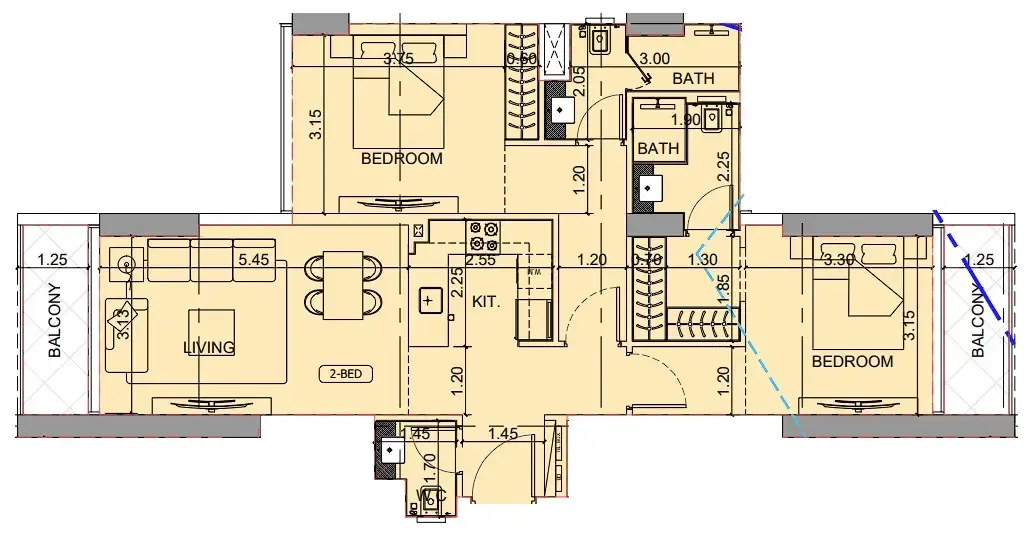 Binghatti Cullinan 2 bed floor plan, 1,034 sqft