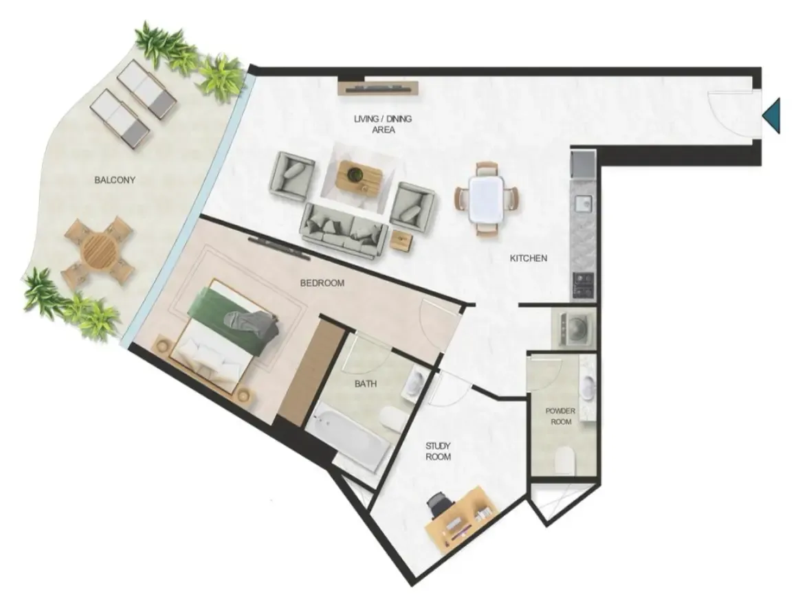 Oystra 1 bed floor plan, 1,209 sqft
