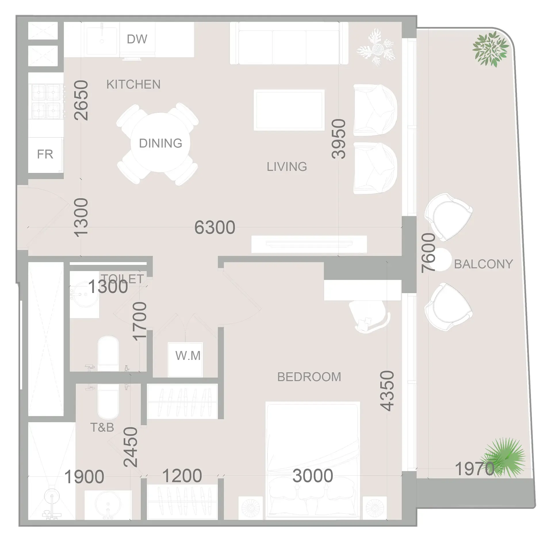 ELAR1S Sky 1 bed floor plan, 735 sqft