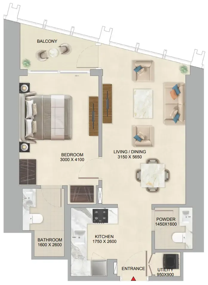 The Mirage at Sobha Central 1 bed floor plan, 654 sqft