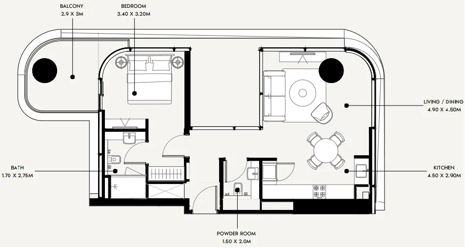 Azizi Milan 1 bed floor plan, 743 sqft