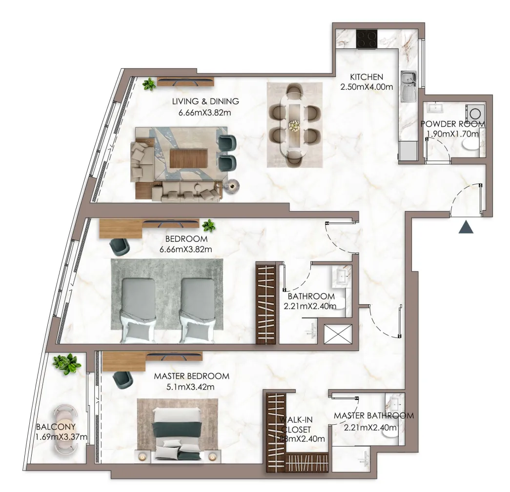 Ajman Pearl Tower 2 bed floor plan, 1,933 – 2,058 sqft