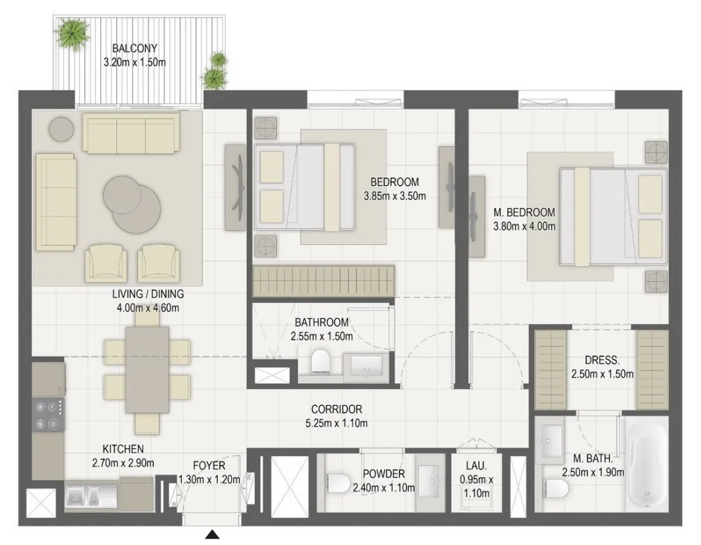 Layla Residences 2 bed floor plan, 1,086 sqft