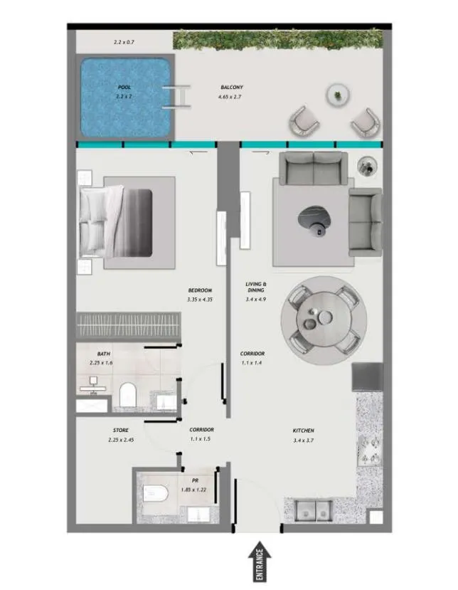 Samana Resorts 1 bed floor plan, 871 sqft
