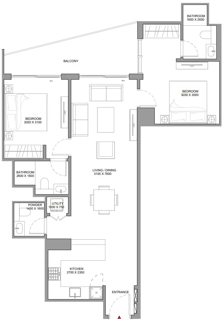 The Horizon at Sobha Central 2 bed floor plan, 1,084 – 1,159 sqft