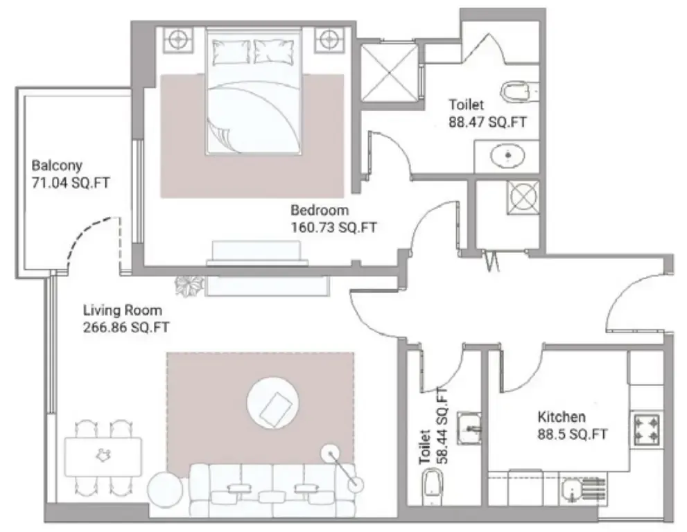 Ajman Creek Towers 1 bed floor plan, 1,150 sqft
