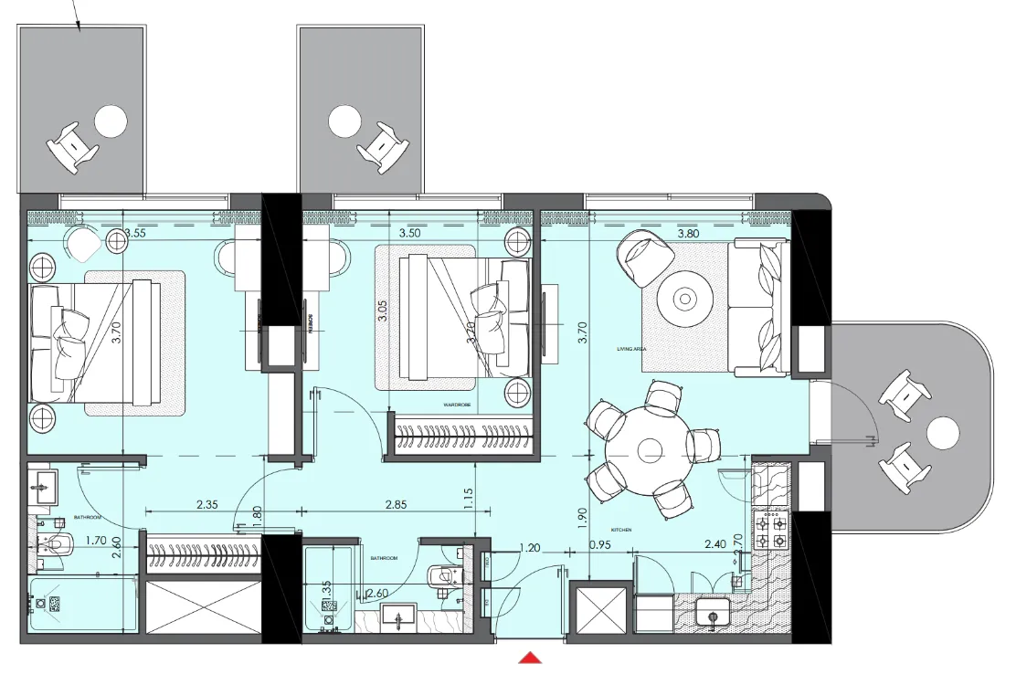 Azizi Wasel 2 bed floor plan, 980 sqft
