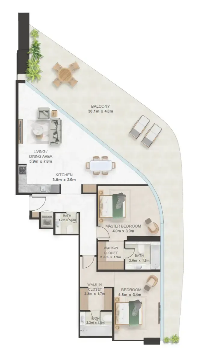 Oystra 2 bed floor plan, 2,189 sqft