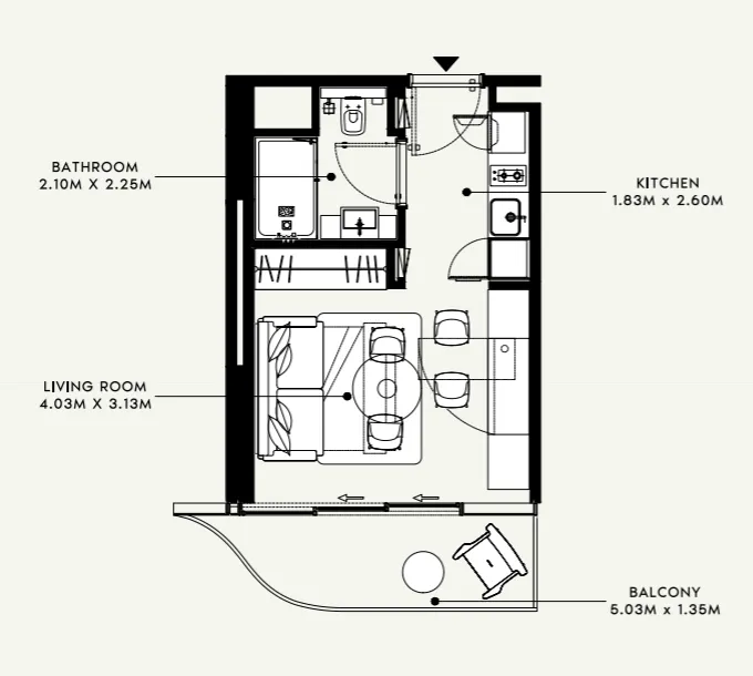 Azizi Venice Studio floor plan, 345 sqft