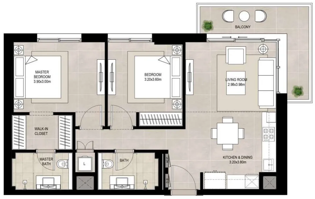 Olbia 2 bed floor plan, 916 sqft