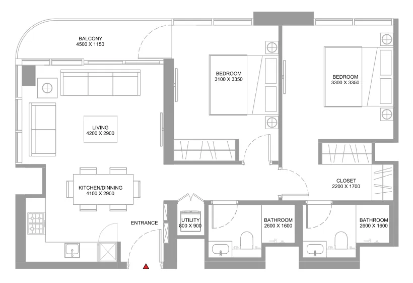 Coastline Beach Residences 2 bed floor plan, 864 sqft