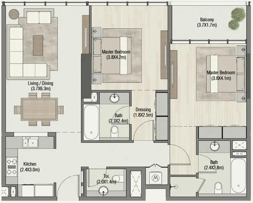 South Living 2 bed floor plan, 1,240 sqft