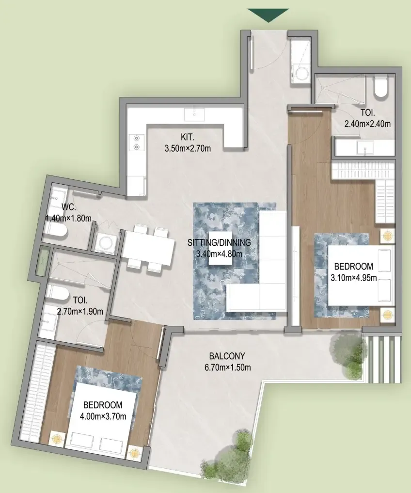 Oasis Residences 2 bed floor plan, 1,131 sqft