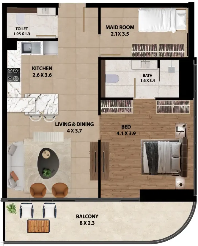 Marquis One 1 bed floor plan, 893 sqft