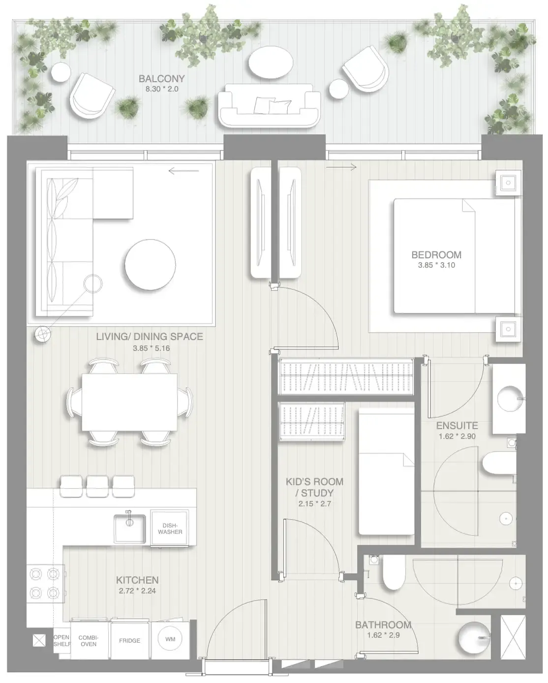 Sol Levante 1 bed floor plan, 883 sqft