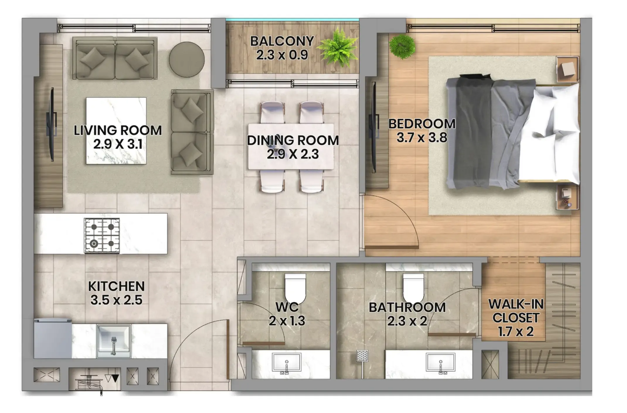 Elemental 22 1 bed floor plan, 636 sqft