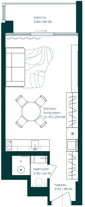 Vibe Studio floor plan, 396 sqft