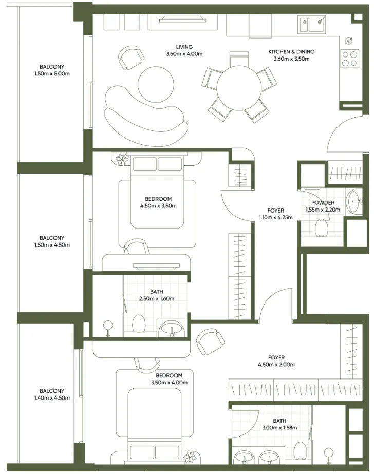 Olivia Gardens 2 bed floor plan, 1,165 sqft