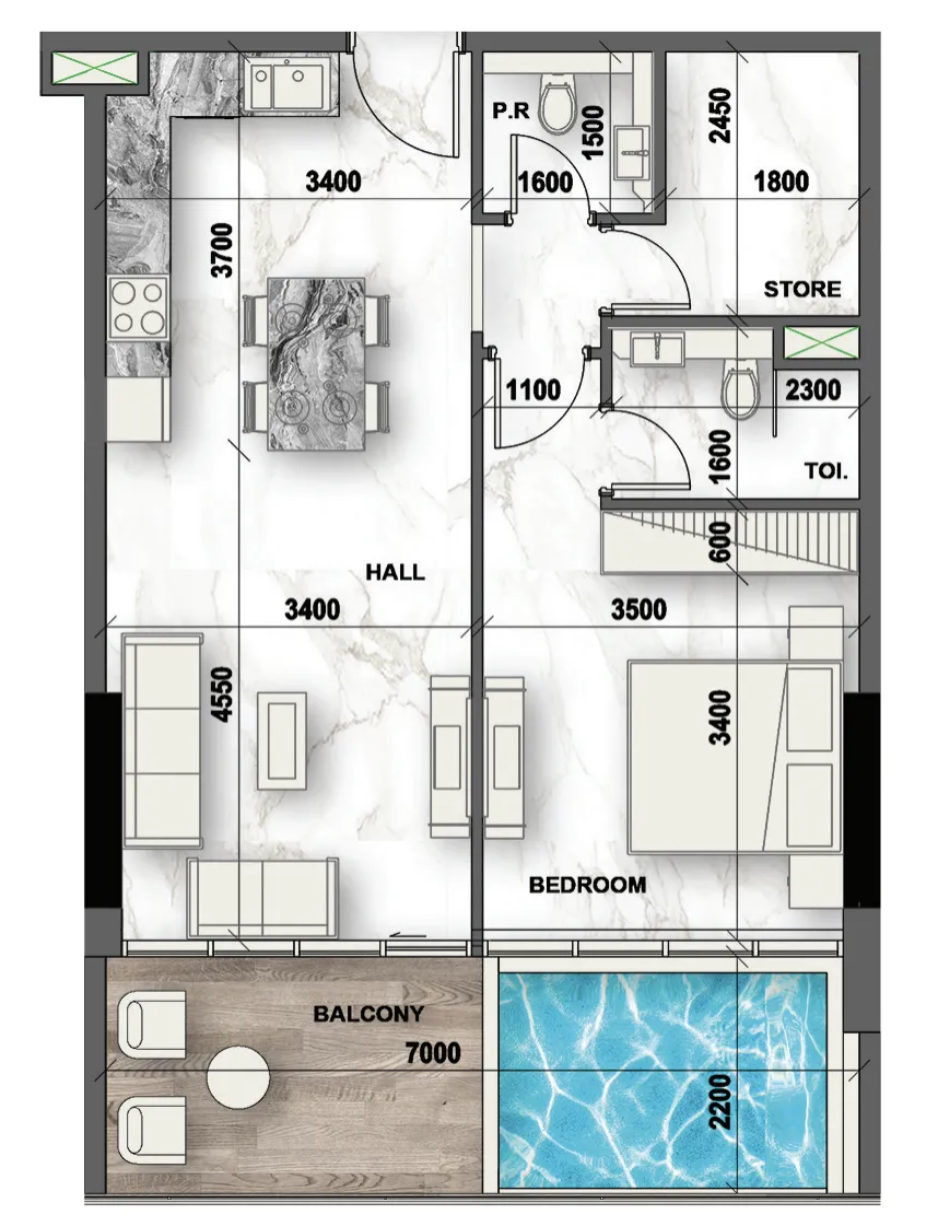 Peace Lagoons 1 bed floor plan, 637 – 765 sqft