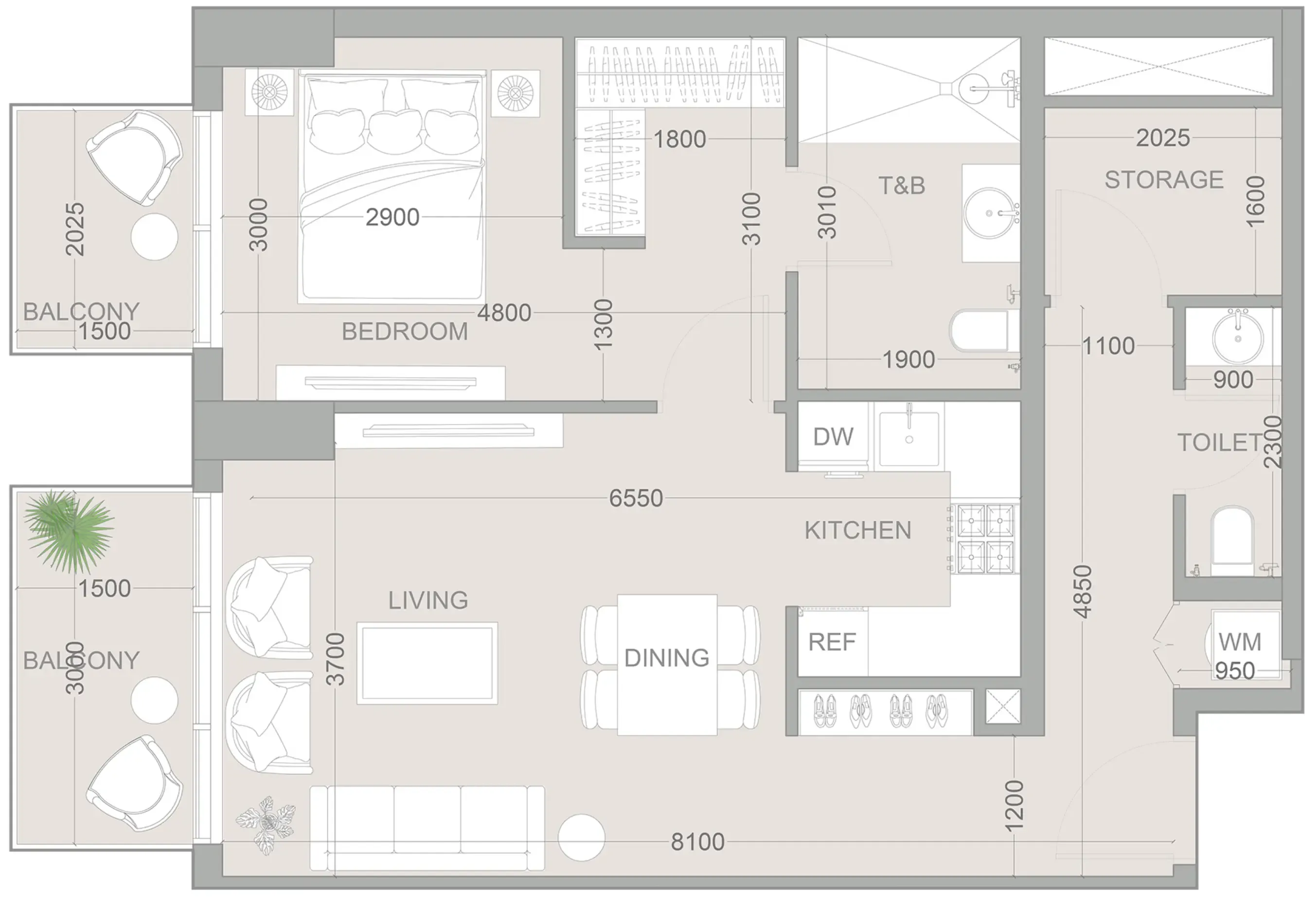 1WOOD Residence 2 1 bed floor plan, 801 sqft