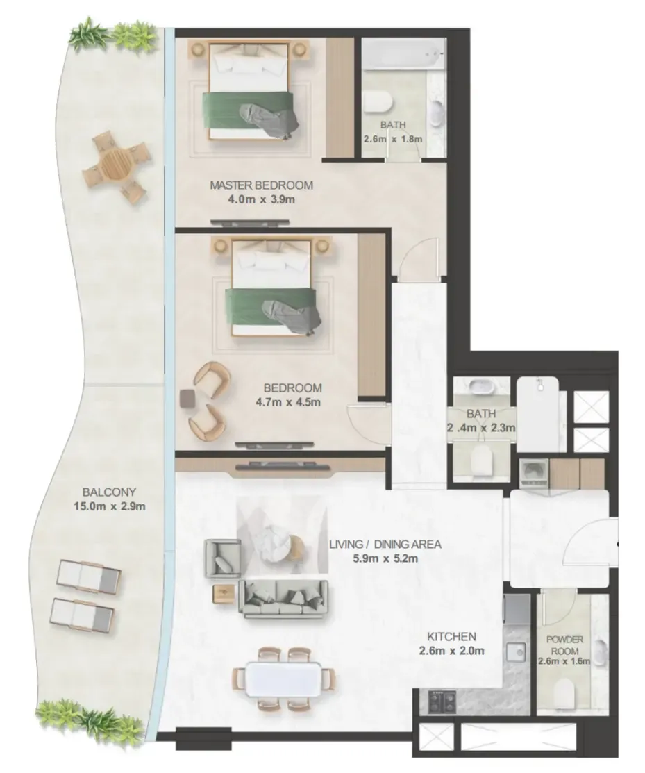 Oystra 2 bed floor plan, 1,666 sqft