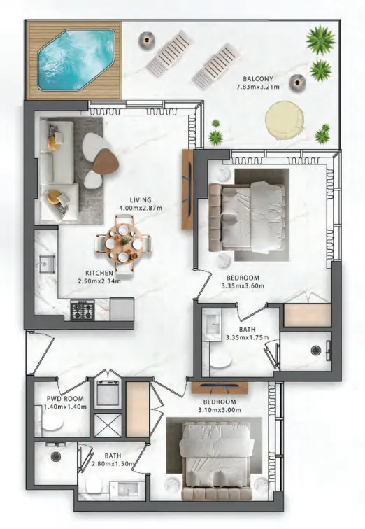 One Central Studio floor plan, 352 sqft