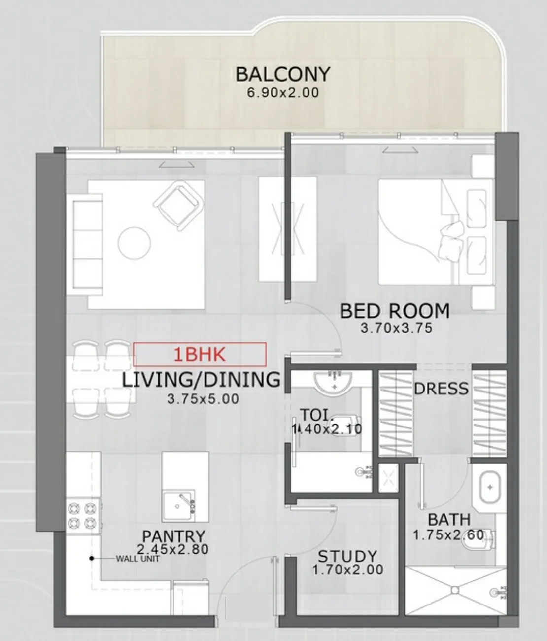 Floarea Skies 1 bed floor plan, 833 sqft