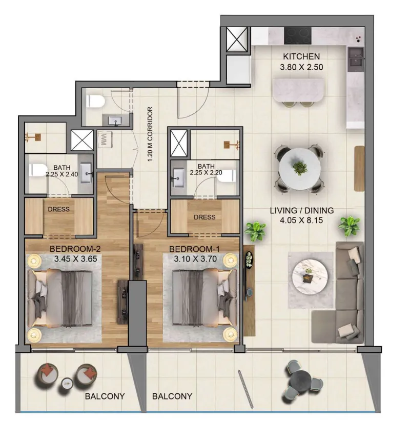 Sky Hills Residence 3 2 bed floor plan, 1,404 sqft