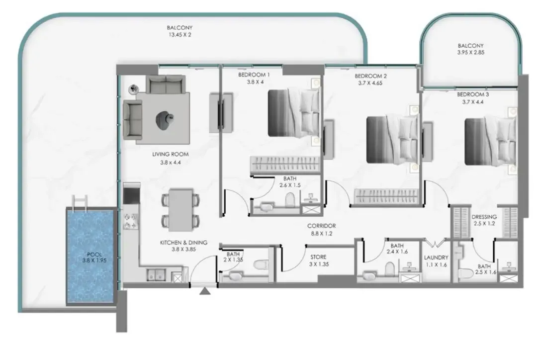 Samana Ocean Bay 3 bed floor plan, 2,129 sqft