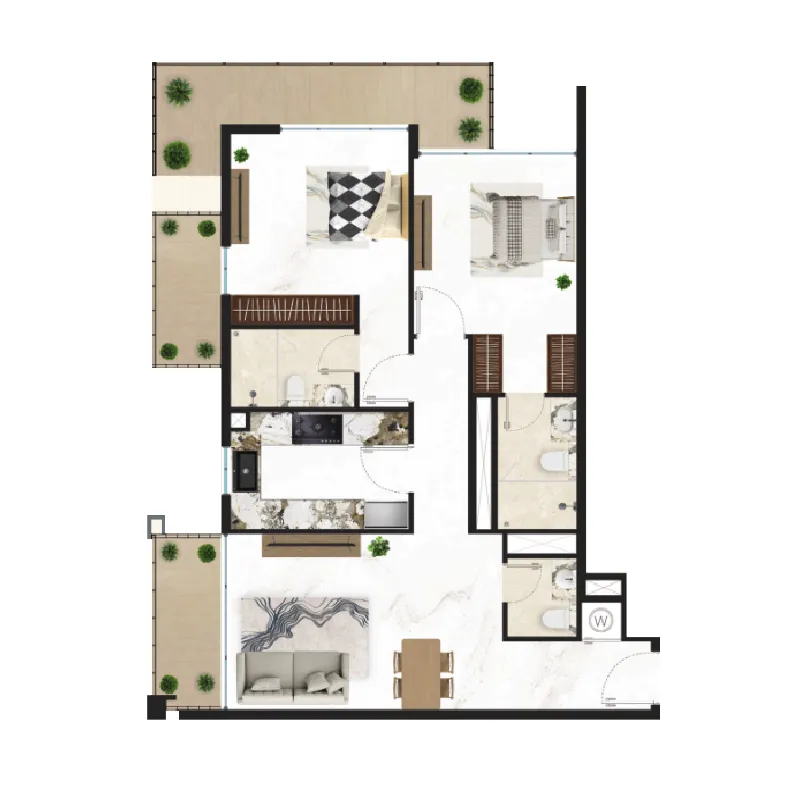 Courtyard One 2 bed floor plan, 1,139 sqft
