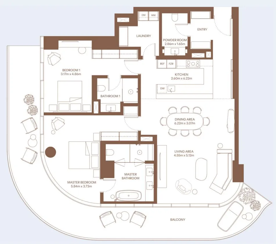 Dubai Harbour Residence 2 bed floor plan, 2,250 sqft