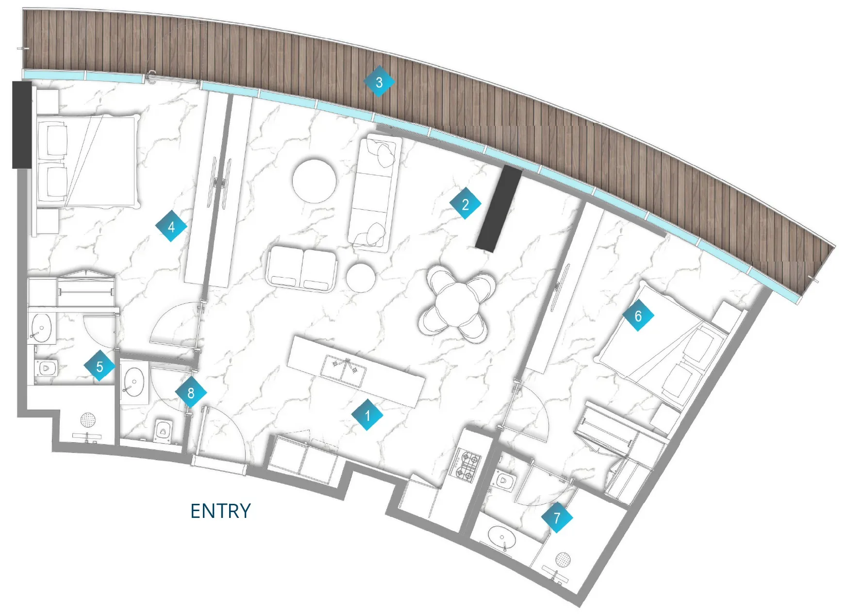 Aqua Arc 2 bed floor plan, 1,381 sqft