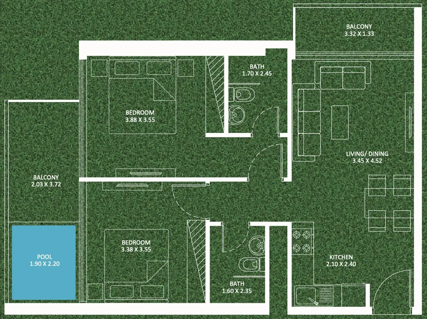 Sportz 2 bed floor plan, 840 sqft