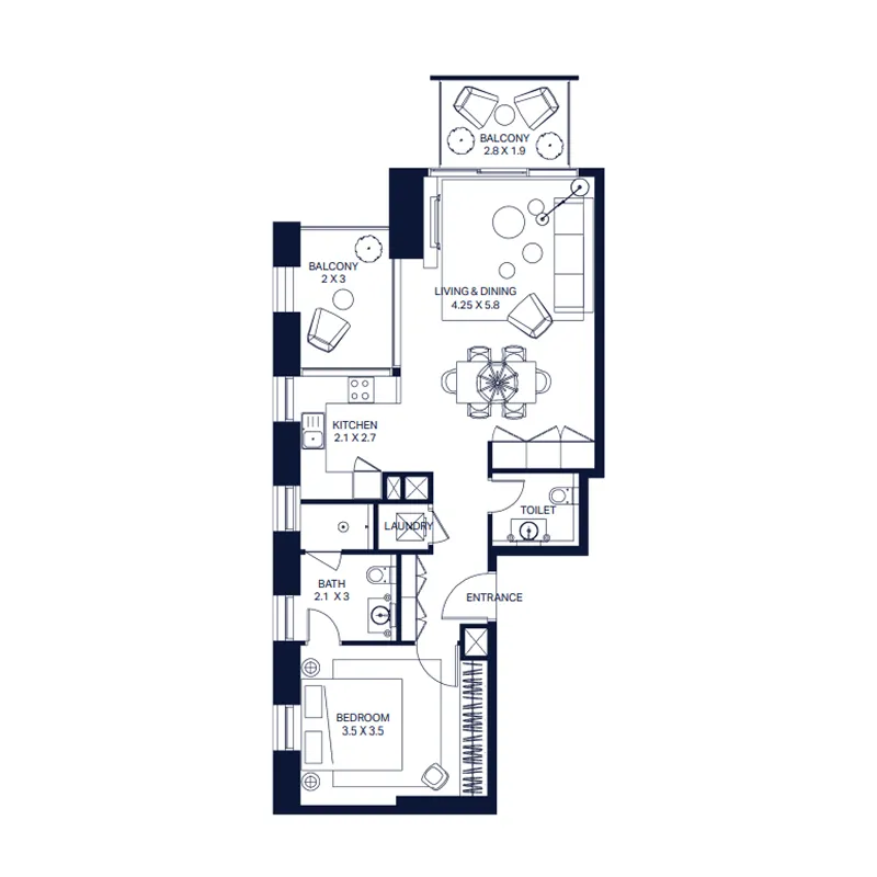 The Atria 1 bed floor plan, 886 sqft