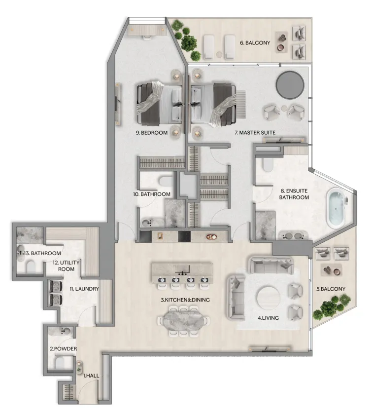 Riviera Residence 2 bed floor plan, 2,129 – 2,307 sqft