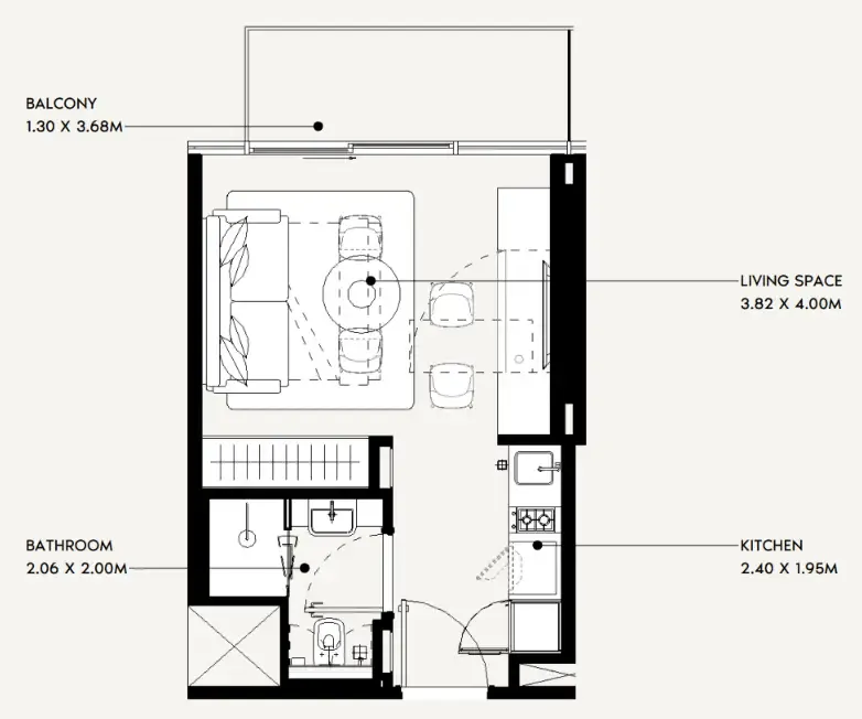 Jaddaf Beach Oasis Studio floor plan, 329 sqft
