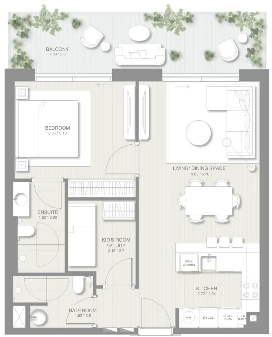 Sol Levante 1 bed floor plan, 883 sqft
