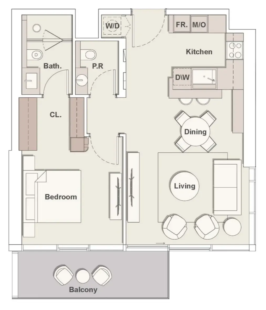 The Highgrove 1 bed floor plan, 801 sqft