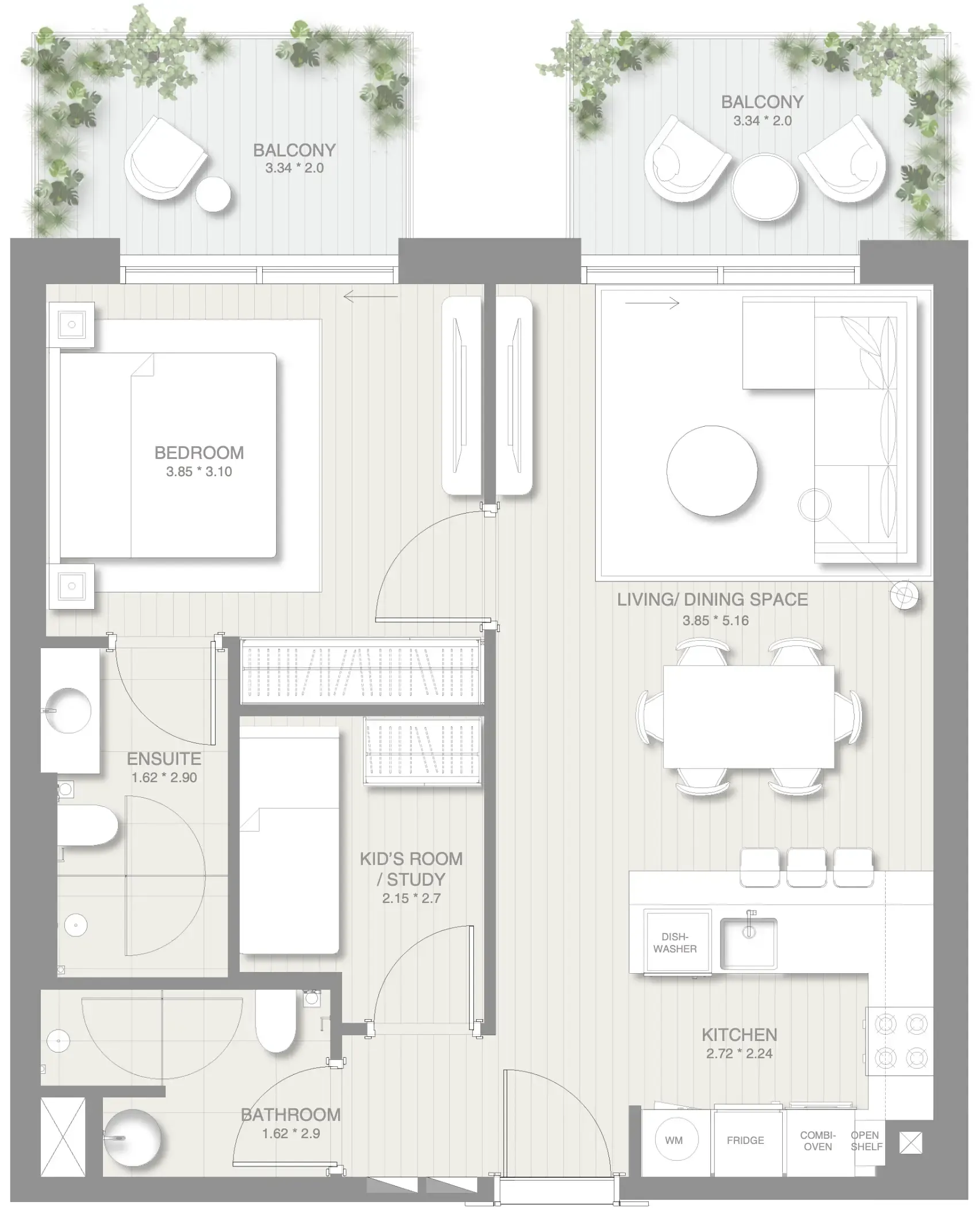 Sol Levante 1 bed floor plan, 842 sqft