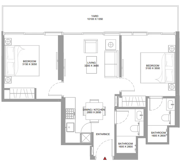 Yachtside Marina Residences 2 bed floor plan, 827 sqft