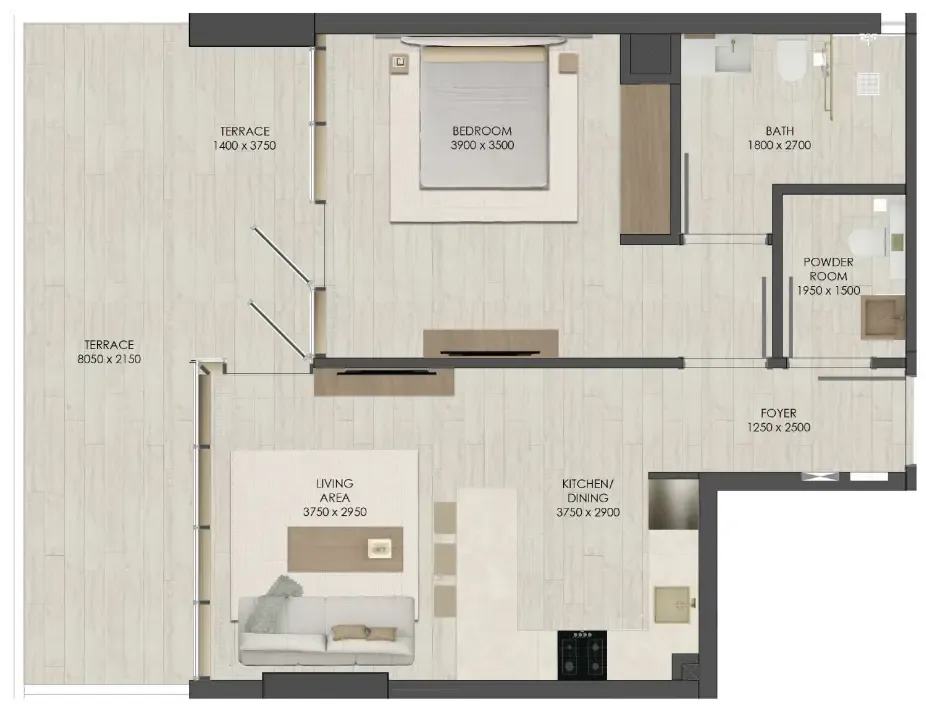 JAD 288 1 bed floor plan, 855 sqft