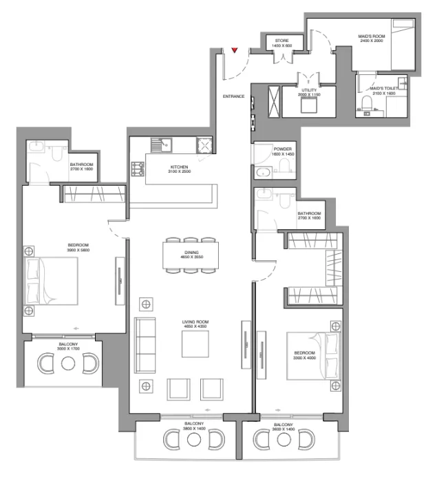 Skyscape 2 bed floor plan, 1,884 sqft