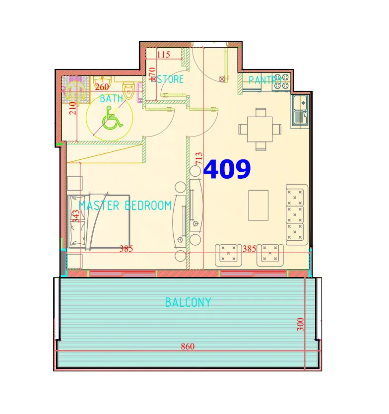 Carmel Residence 1 bed floor plan, 869 sqft
