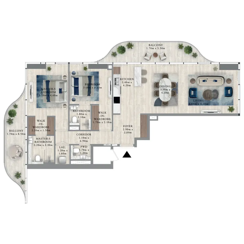 Royal Yacht Club Residence 2 bed floor plan, 1,524 sqft