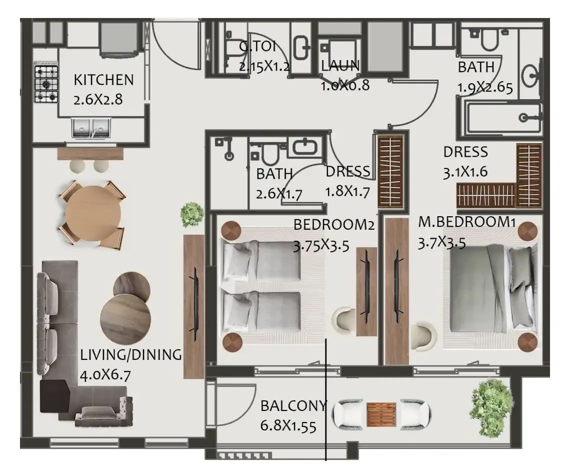 Hillside Residences 2 bed floor plan, 1,243 sqft
